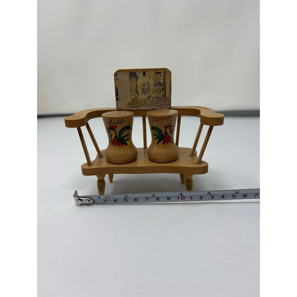 Rooster Salt & Pepper Shakers Wooden Bench Vintage Farmhouse Country New Orleans
